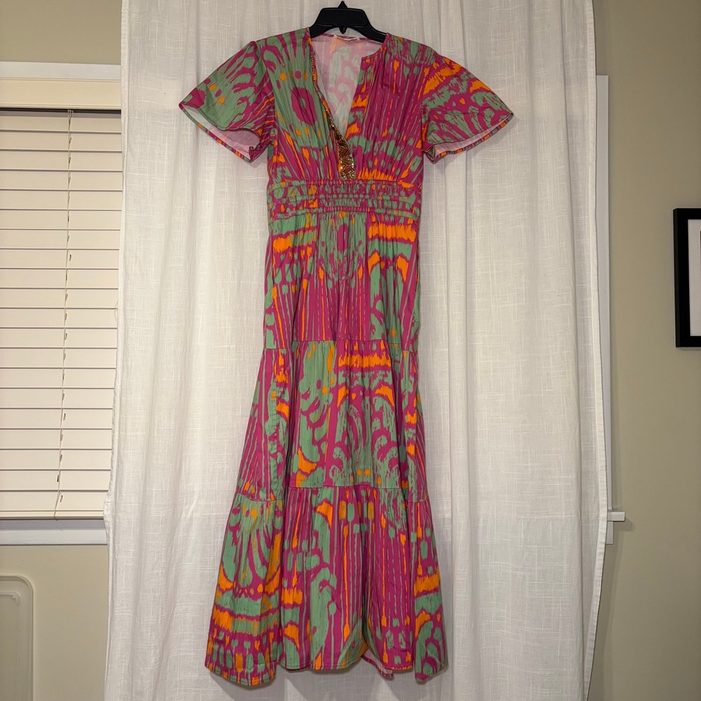 Sheridan French Maxi Dress Womens‎ M Pink Green Ikat Tiered Smocked Embellished